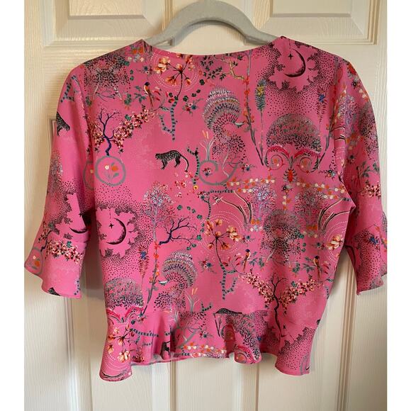 Topshop Ruby Magical Leopard Ruched Blouse Crop Top Size 6 Pink Bell Sleeves - Picture 3 of 8